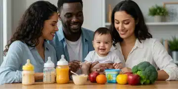 Parents feeding infant at table with healthy foods