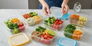 Colorful meal prep containers with healthy weeknight meals for busy parents.