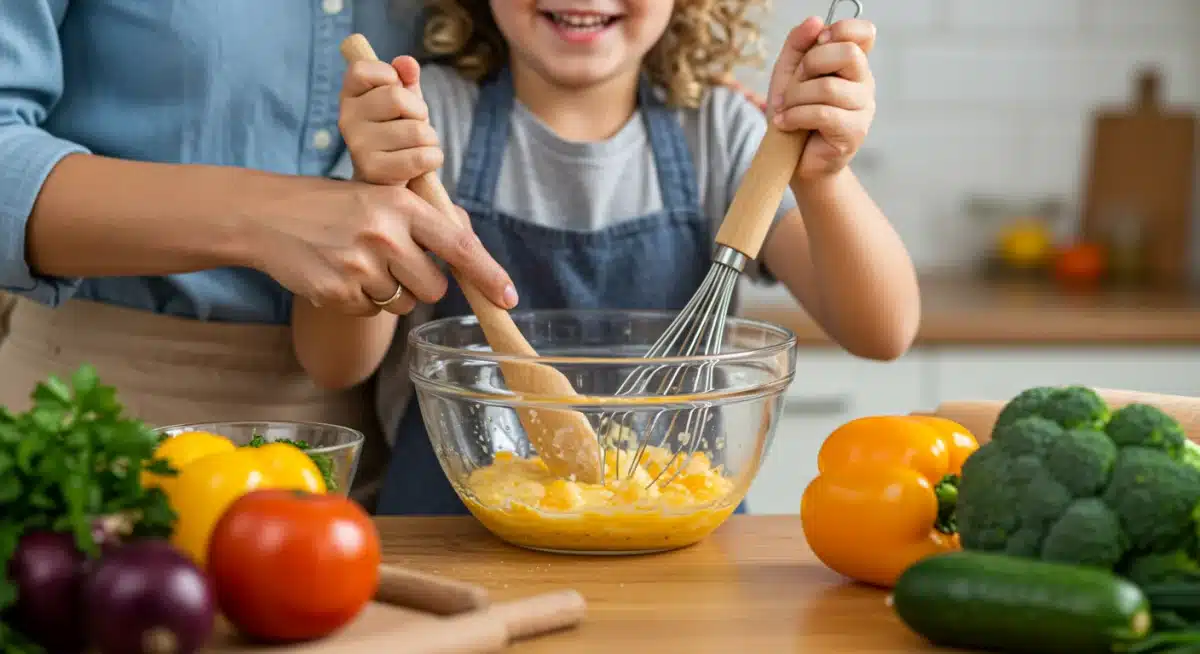 Parent and child cooking together, emphasizing family meal prep.
