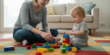 Parent and toddler playing with blocks, emphasizing screen-free engagement