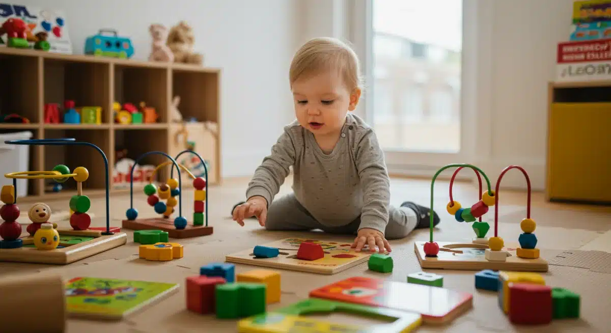 Toddler engaging with educational toys in a screen-free environment