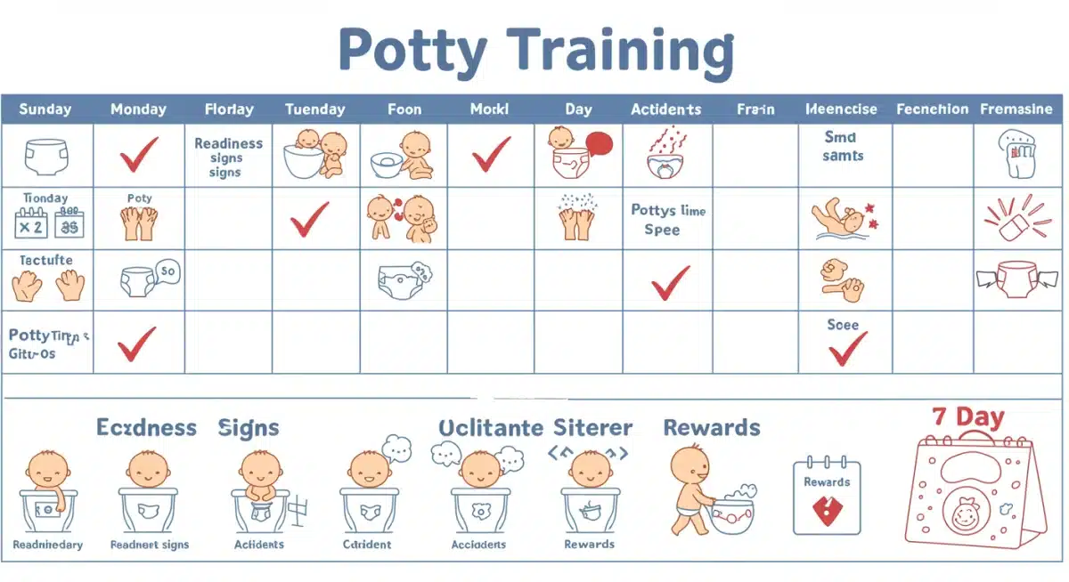 Visual 7-day potty training calendar showing daily progress and key milestones.