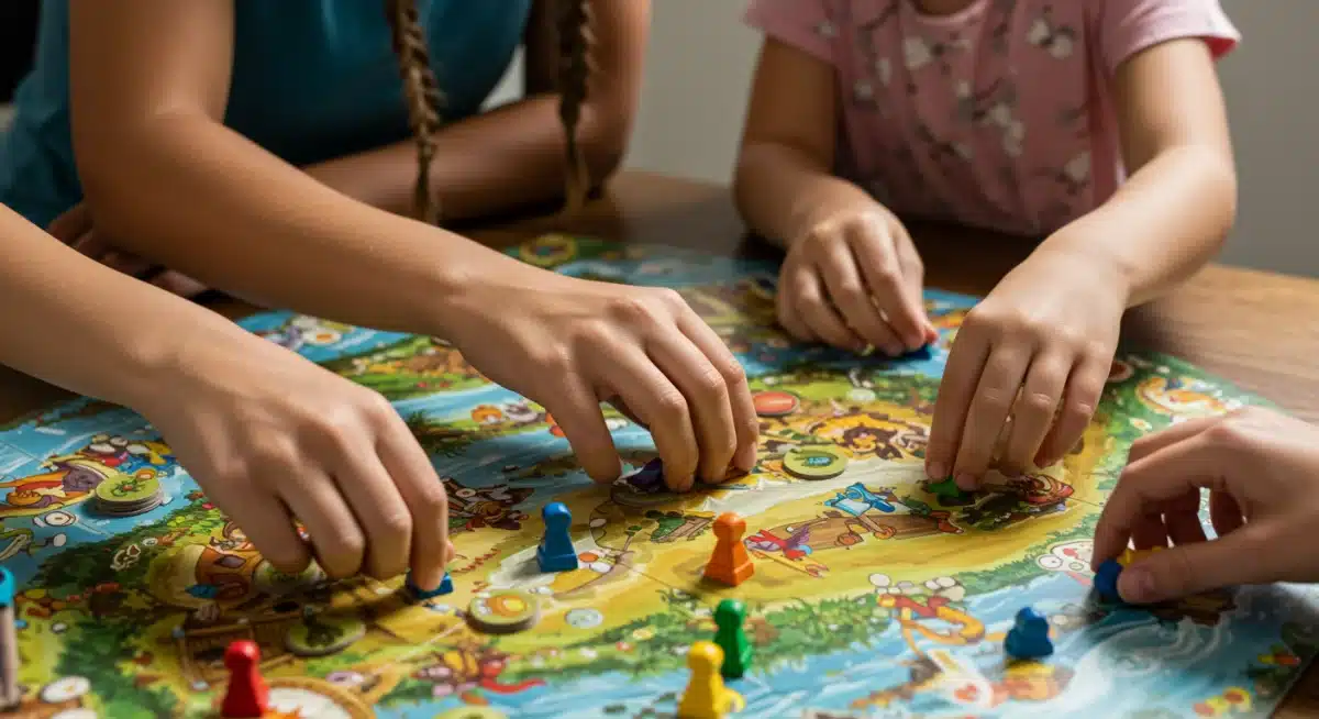 Hands of family members collaborating on a board game, placing pieces.