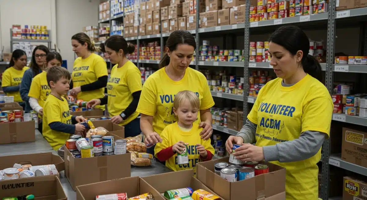 Families sorting food at a food bank, demonstrating community support.