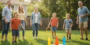 Family playing DIY ring toss game in a sunny backyard