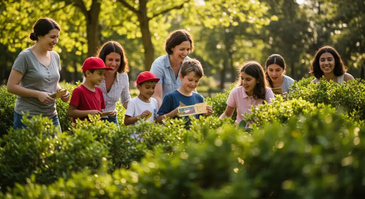 Family on outdoor scavenger hunt, exploring nature together