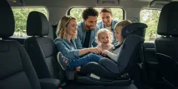 Family securing child in car seat, highlighting updated safety standards and top picks for 2025 US families.