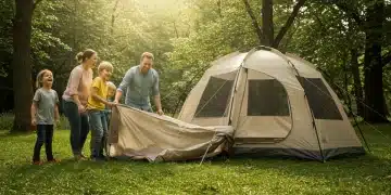 Family setting up a durable camping tent in a forest for their 2025 adventure.
