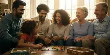 Happy family playing board game, enjoying screen-free time together