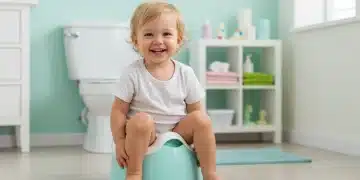 Happy toddler successfully using a gentle potty training method