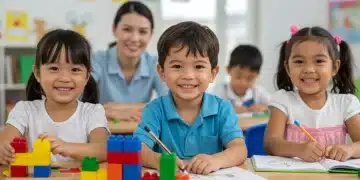 Happy preschoolers engaged in learning activities in a classroom, preparing for kindergarten