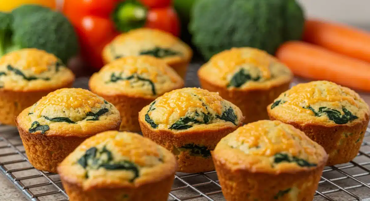 Homemade mini spinach and cheese muffins cooling on a rack