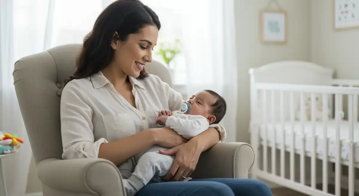 Parent gently rocking a calm baby in a nursery