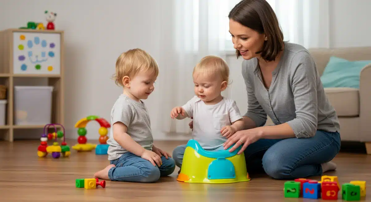 Parent gently guiding toddler towards a potty, emphasizing a supportive approach