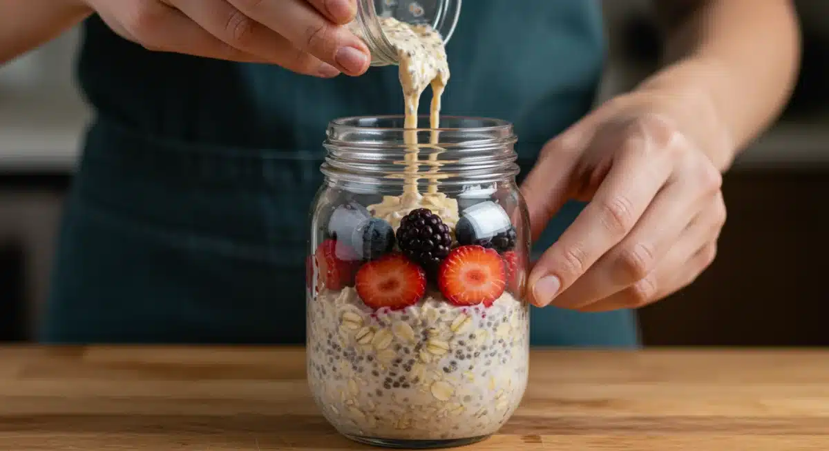 Hands preparing overnight oats with fresh berries