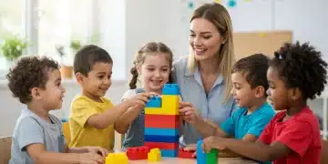 Preschoolers cooperating with blocks and a teacher's guidance