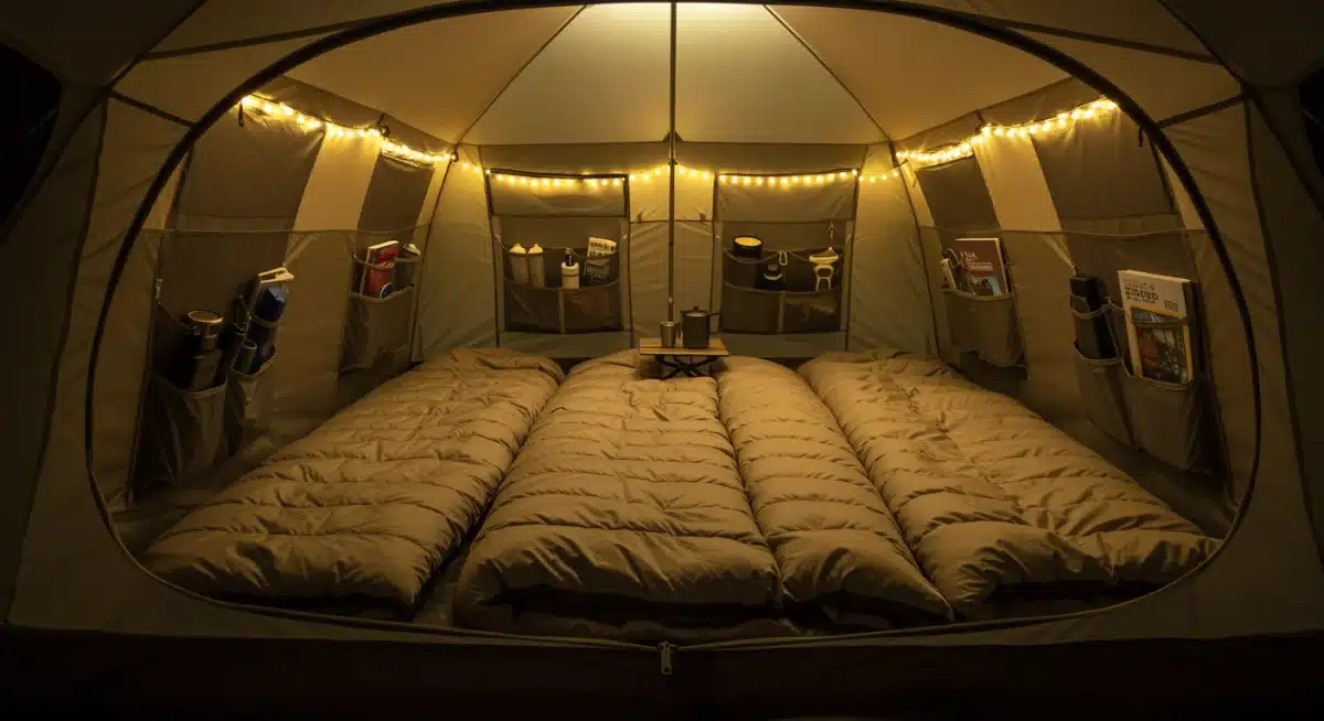 Spacious and organized interior of a family camping tent with sleeping areas and storage.