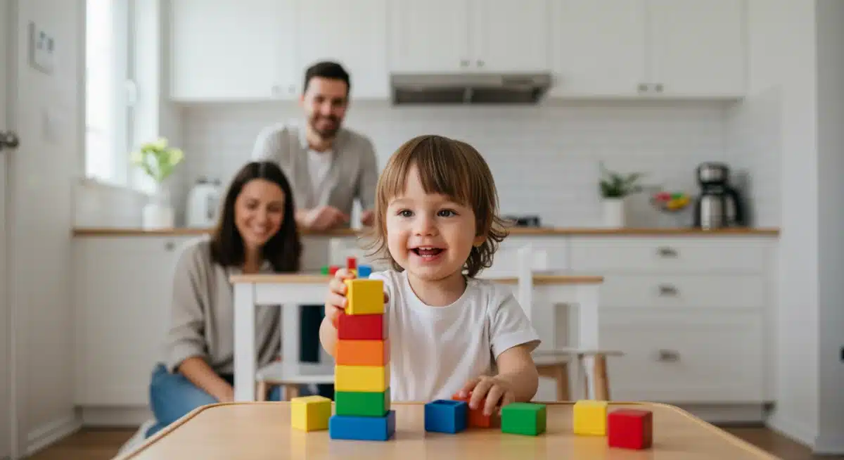 Toddler playing calmly in kitchen, tantrum prevention