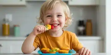 Toddler enjoying vibrant fruit skewers, a healthy and appealing snack