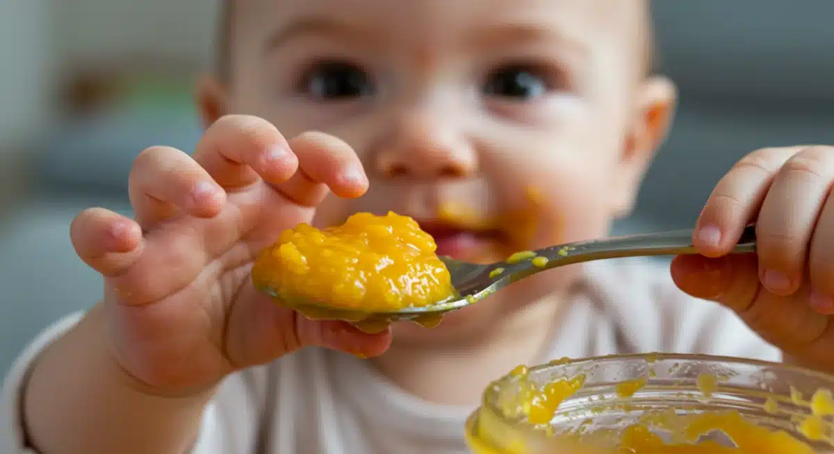 Baby's hand reaching for a spoon of butternut squash and lentil puree, highlighting early solid food introduction.