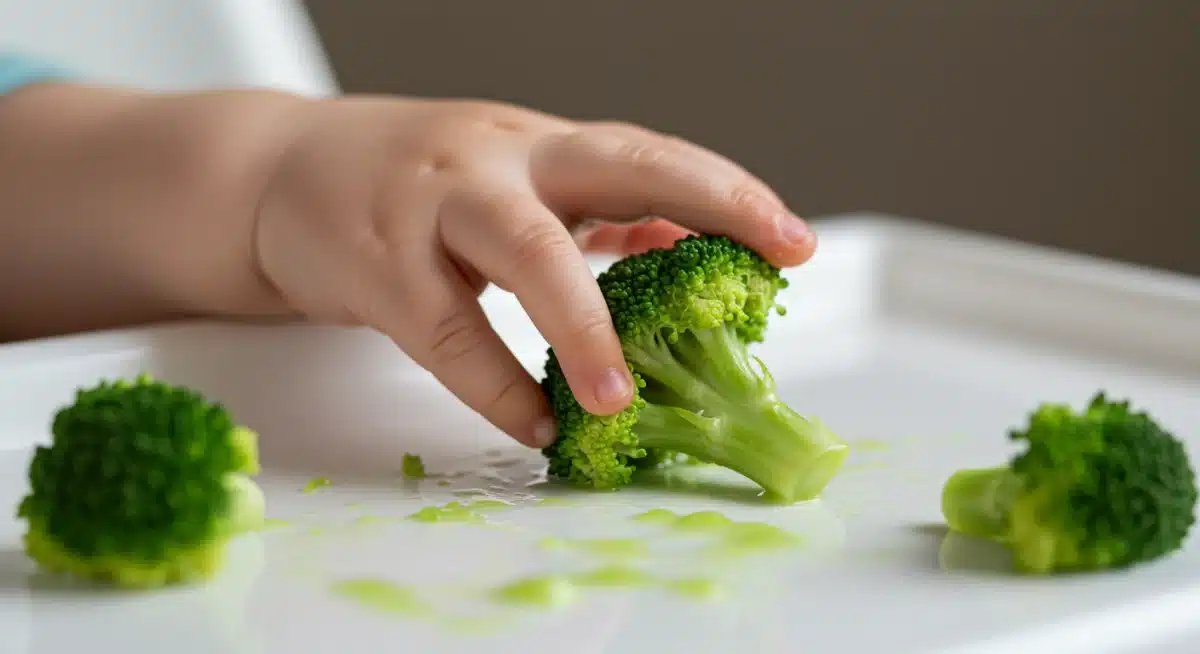 Baby's hand reaching for soft cooked broccoli during baby-led weaning