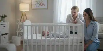 Parent observing baby sleeping safely in crib