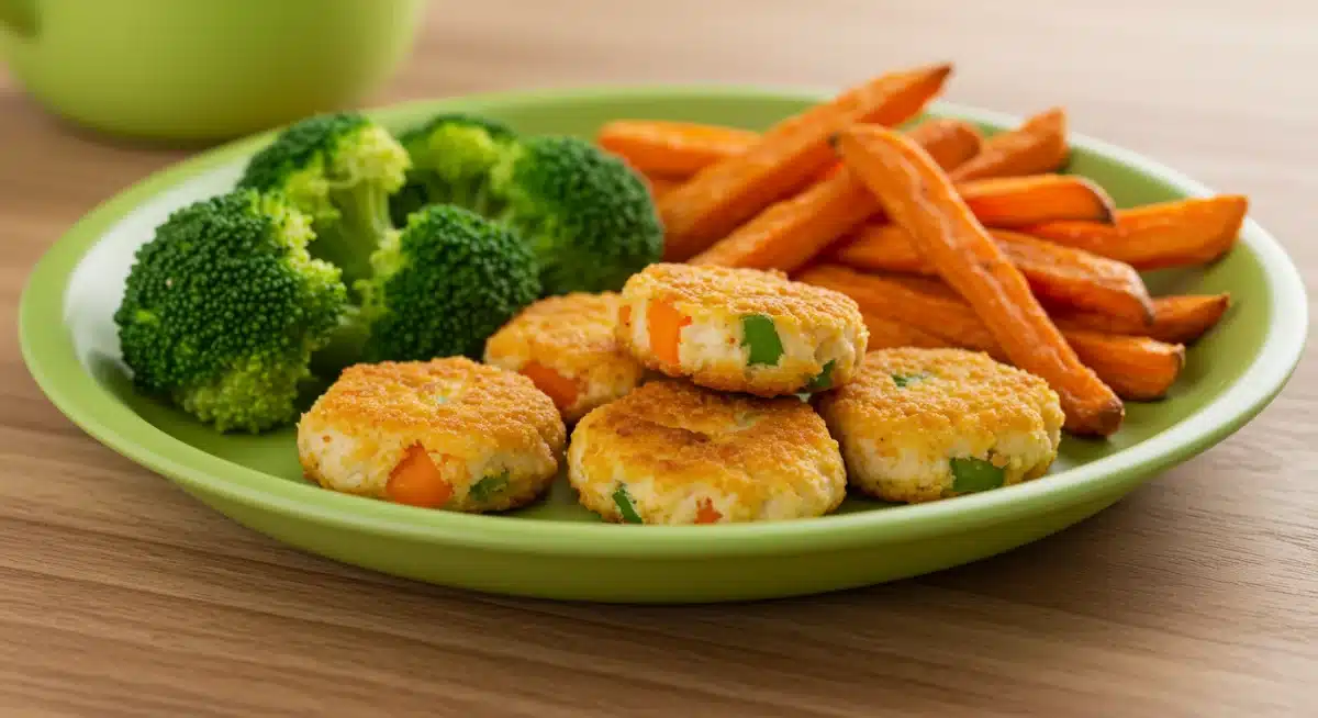 Chicken and veggie nuggets with broccoli and sweet potato fries