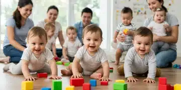 Parents observing happy babies and toddlers reaching developmental milestones.