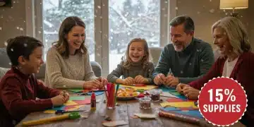 Family enjoying indoor craft activity in winter