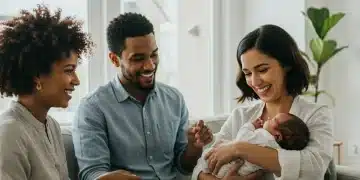 Happy family with newborn benefiting from parental leave