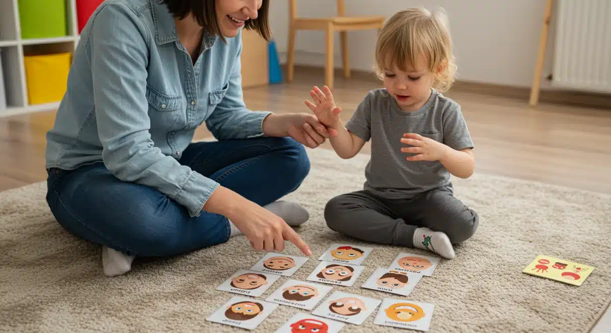 Parent and child identifying emotions with flashcards