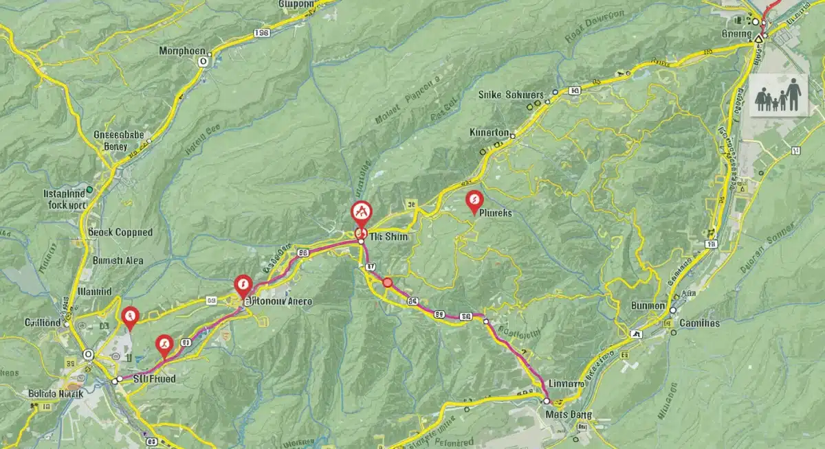 National park map with highlighted family-friendly hiking trails