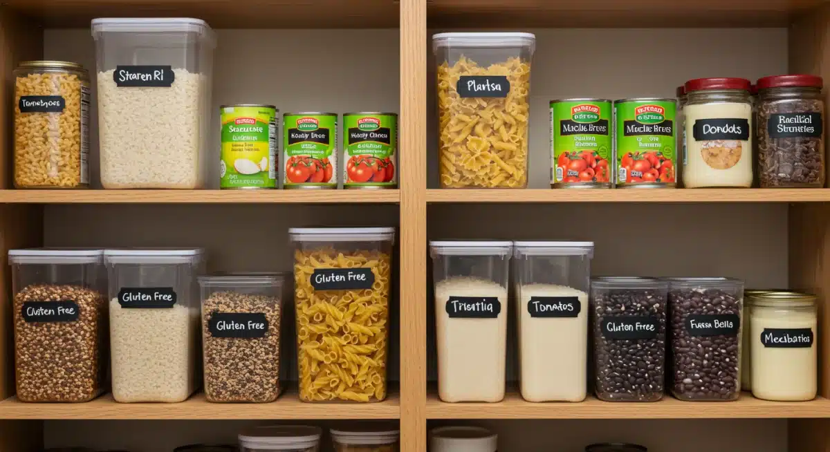 Organized pantry with budget-friendly staple ingredients for meal preparation.