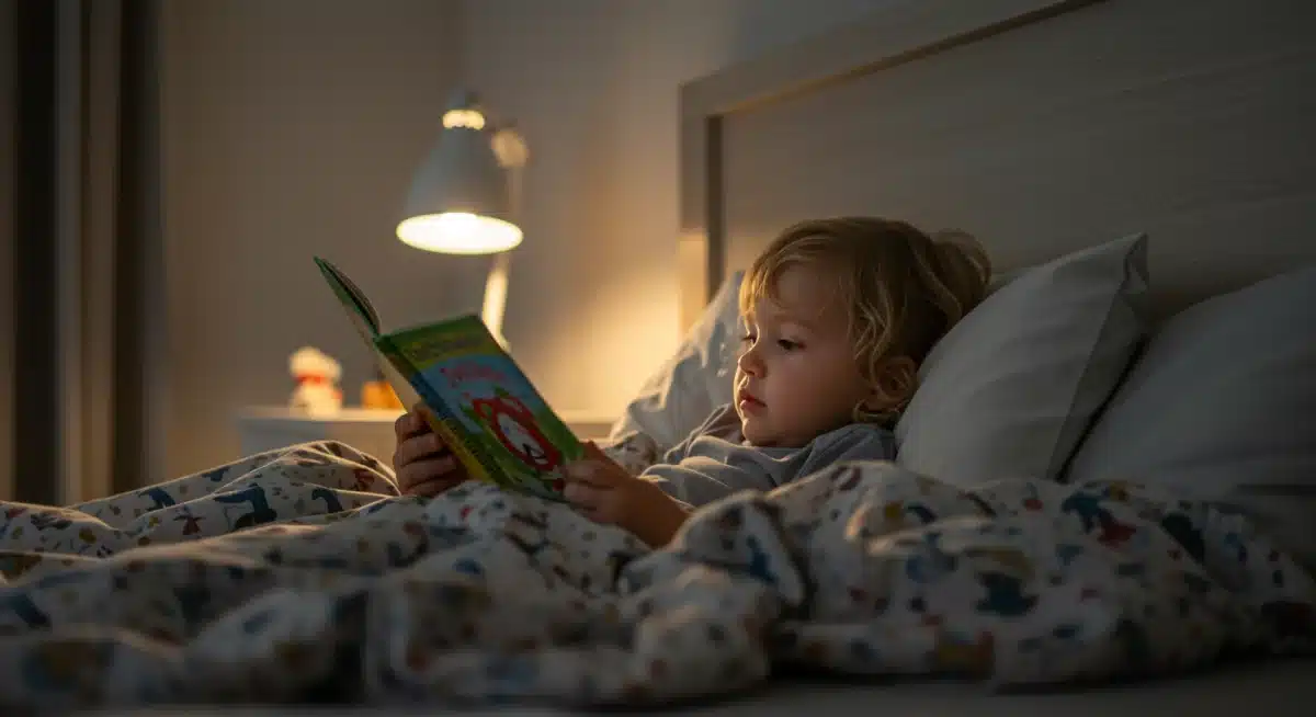Parent reading bedtime story to toddler, establishing calm routine
