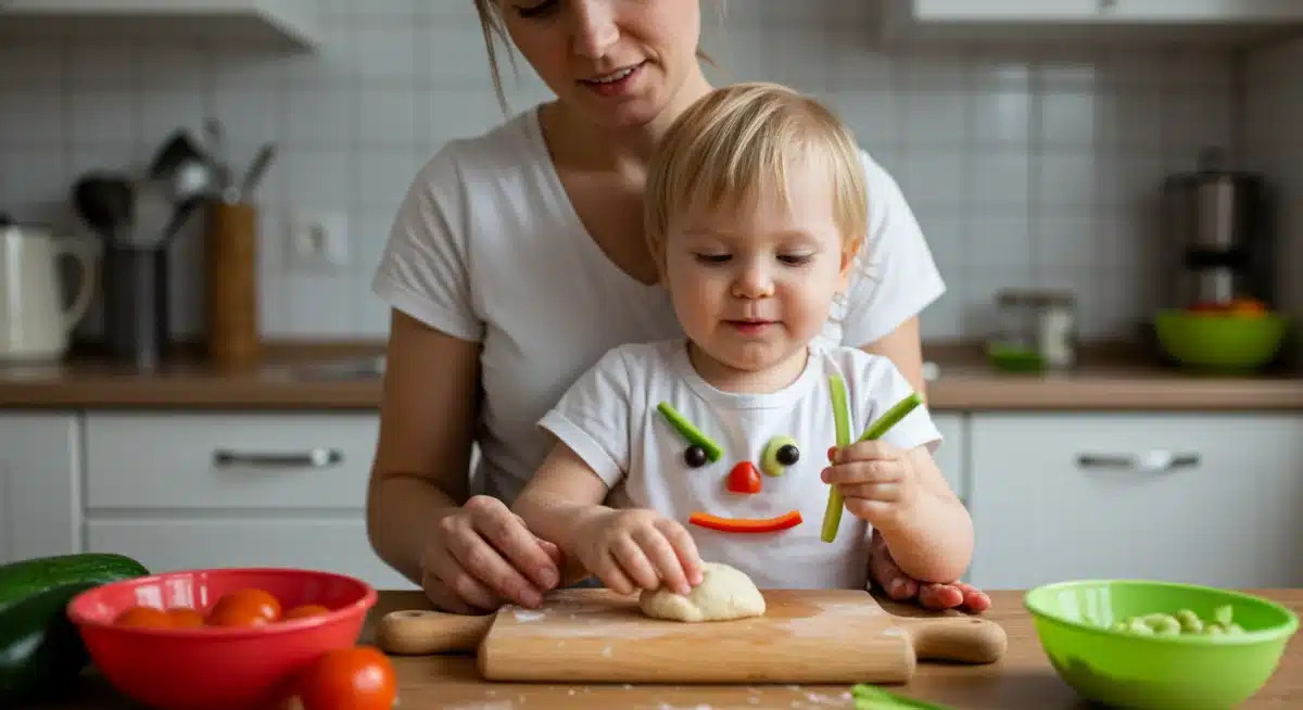 Parent and toddler playing with food in a kitchen, making it fun