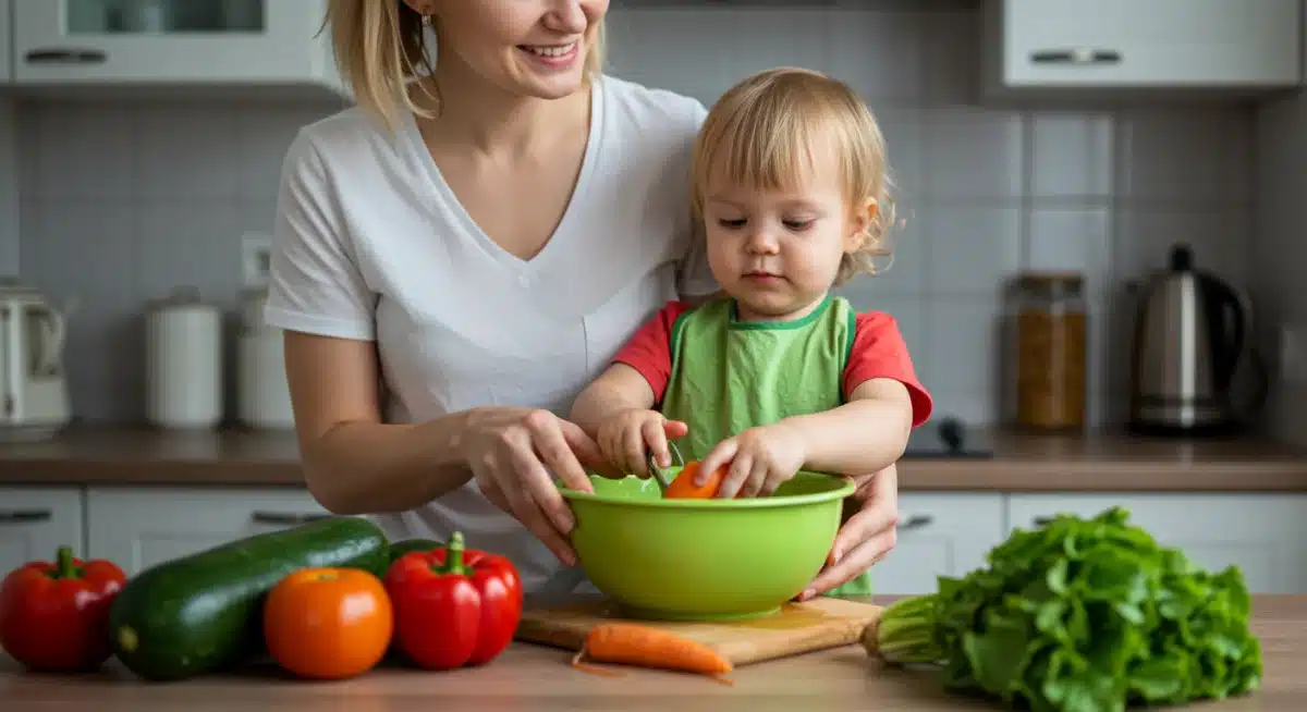 Parent and toddler preparing vegetables together in a kitchen