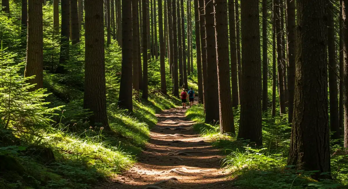 Peaceful hiking trail through a lush forest