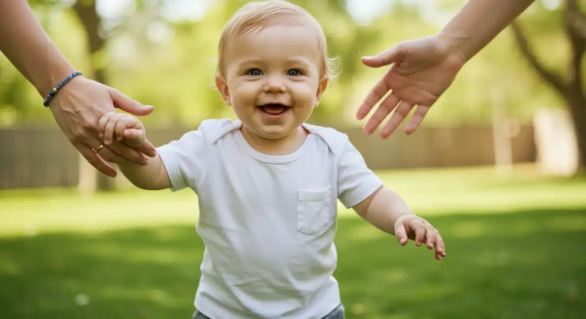 Toddler taking first steps, symbolizing motor skill development.