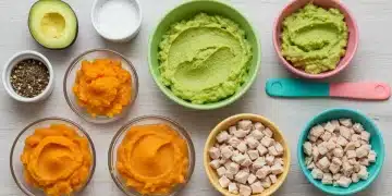 Colorful ingredients for homemade baby food, including pureed sweet potato, avocado, and chicken, prepared according to USDA guidelines.