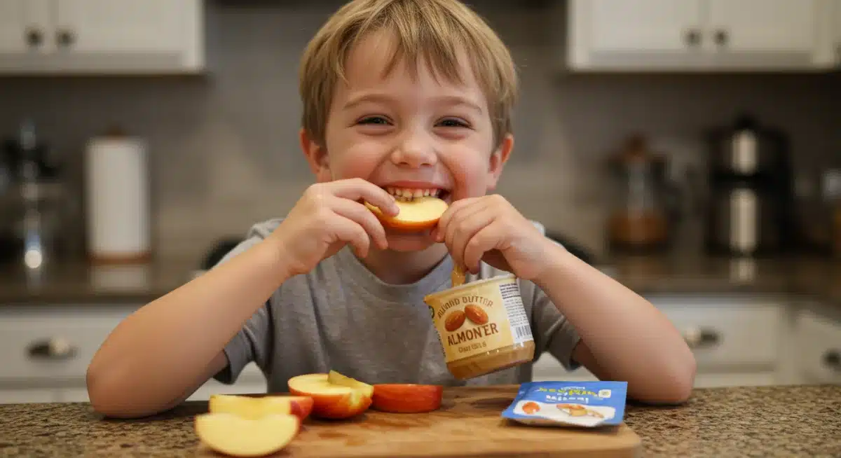 Child enjoying apple slices with almond butter, a healthy snack alternative.