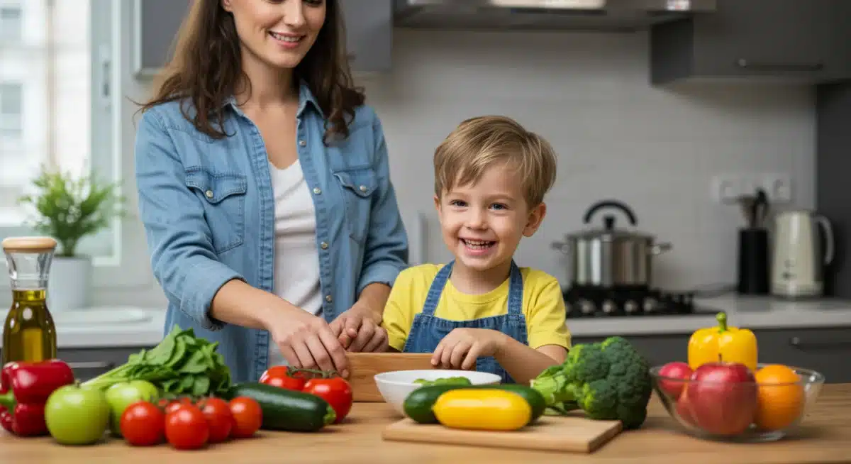 Child assisting parent with healthy meal preparation in kitchen