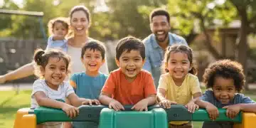 Children playing cooperatively on a playground, symbolizing healthy social-emotional development.