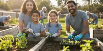 Family planting together in a community garden, fostering community spirit