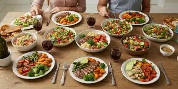 Family enjoying a healthy and colorful dinner together at home