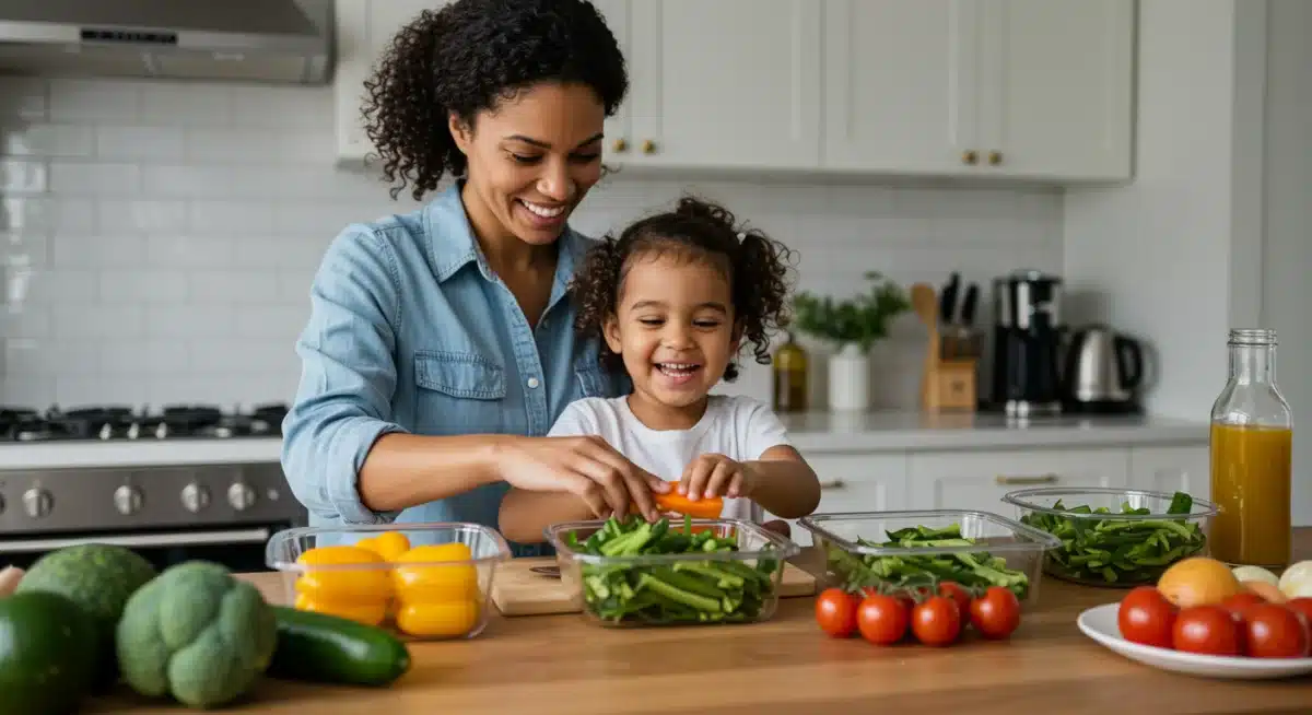 Parent and child preparing vegetables together for batch cooking, emphasizing family involvement.