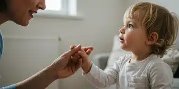 Parent gently guiding a 2-year-old during a potential tantrum