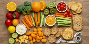 Colorful arrangement of healthy snack swaps for kids, featuring fruits, vegetables, and whole grains, symbolizing a 20% sugar reduction.