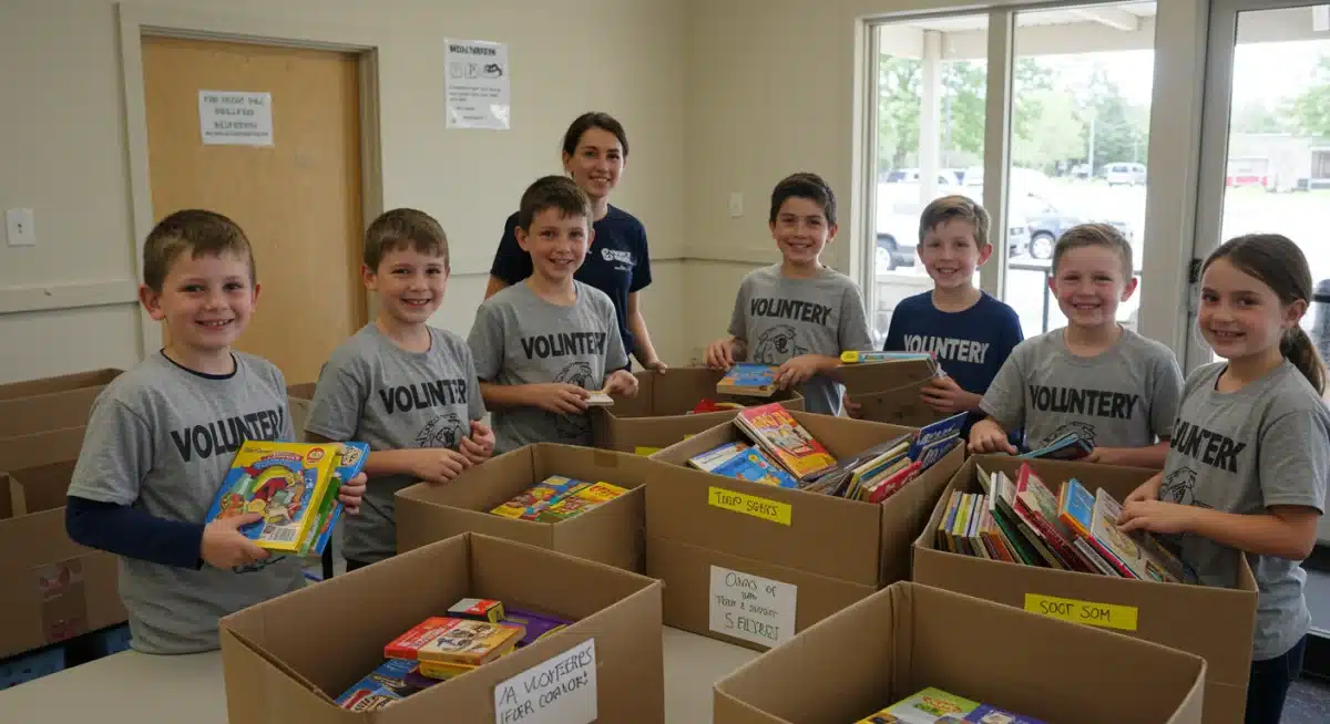 Children sorting donations for a local charity drive