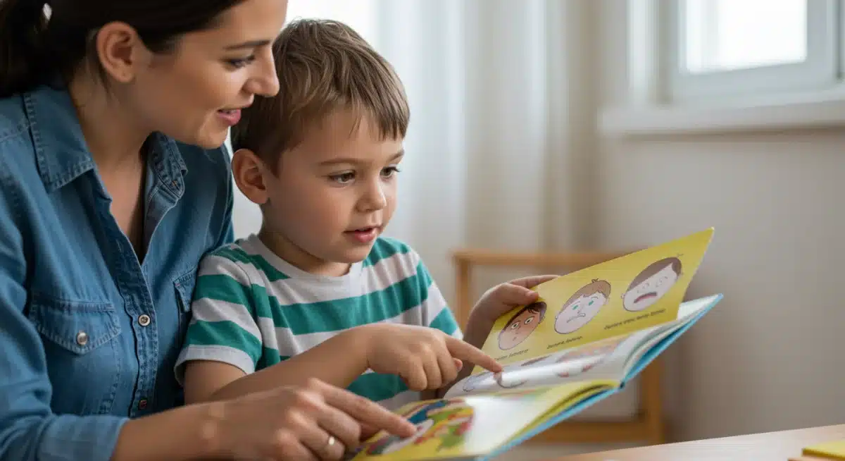 Parent and child discussing emotions from a storybook, promoting emotional literacy.