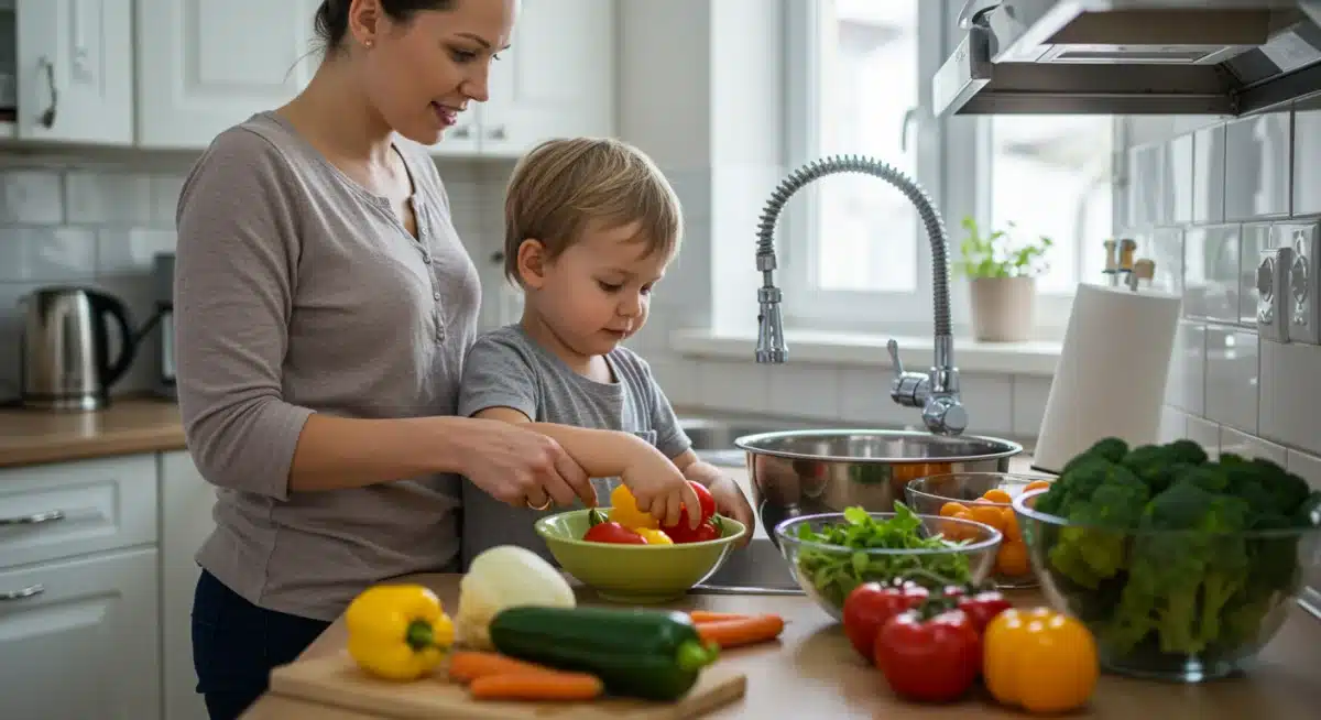 Parent and child preparing healthy meal together